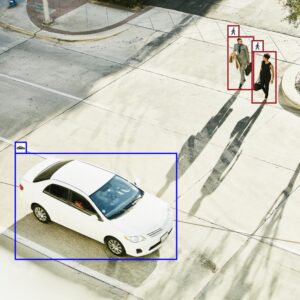 Overhead view of a white car and two pedestrians crossing the street, with red and blue detection boxes highlighting objects identified by an Axis object analytics camera.