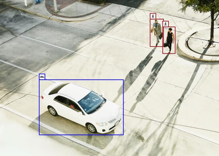 Overhead view of a white car and two pedestrians crossing the street, with red and blue detection boxes highlighting objects identified by an Axis object analytics camera.