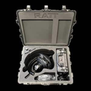 Open Pelican case showcasing the RQ610 camera and related components securely housed in custom foam compartments for mobile surveillance towers.