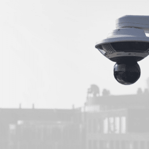 Axis multisensor with PTZ Camera Overlooking Urban Streetscape
