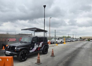 Brownsville Police Jeep and mobile surveillance tower at the Texas border checkpoint