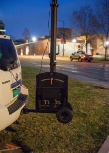 Close-up view of The RATT surveillance tower mounted on a vehicle hitch at the Lady Vols basketball game