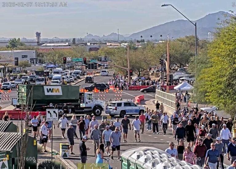 Aerial view of pedestrian and vehicle traffic near the 2025 WM Phoenix Open, captured by Tempe PD’s RQ621 camera mounted on The RATT mobile monitoring system.