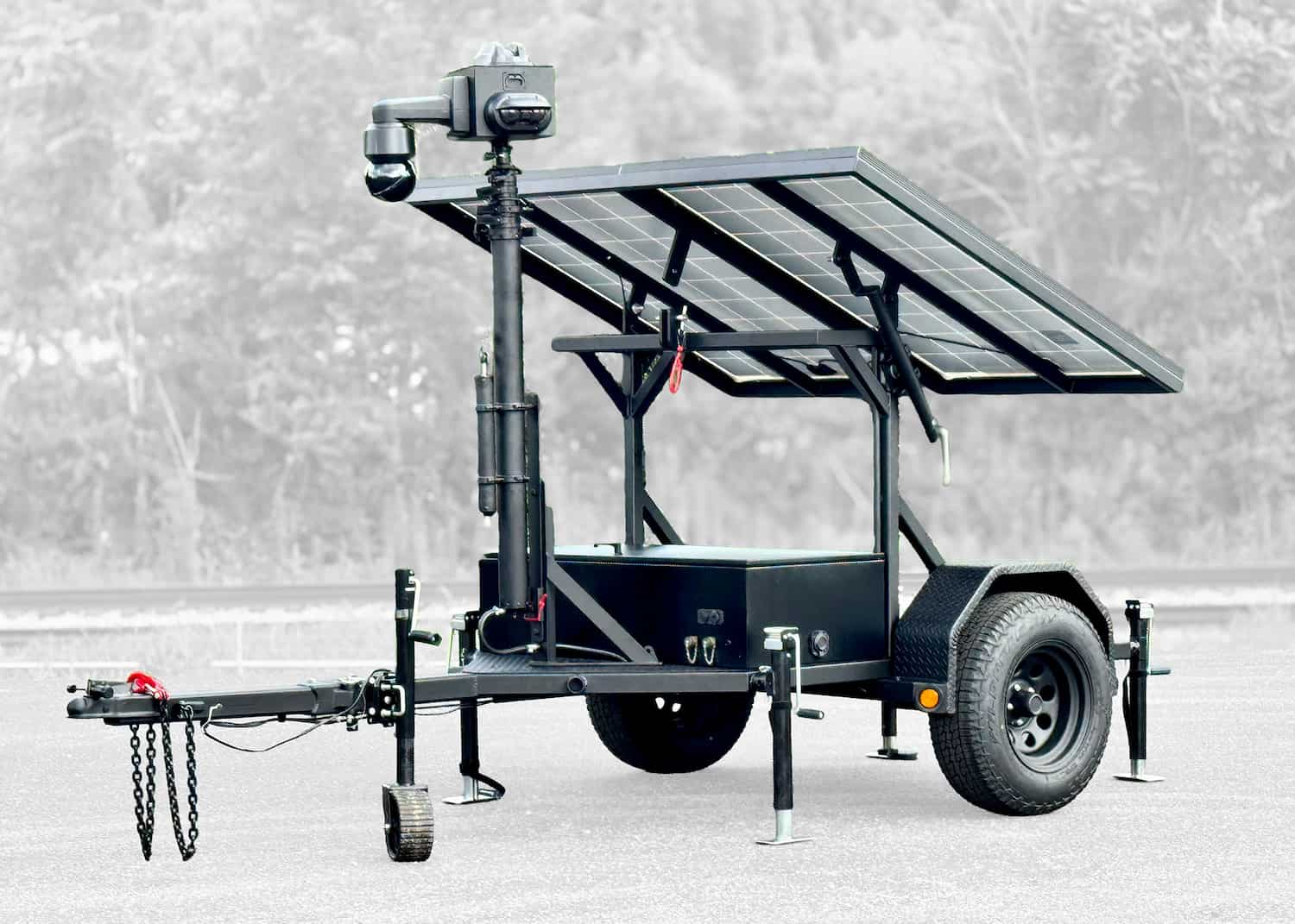 Mobile surveillance trailer with solar panels and elevated camera system