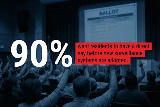 Residents voting at a community meeting showing support for public approval before new surveillance systems are adopted