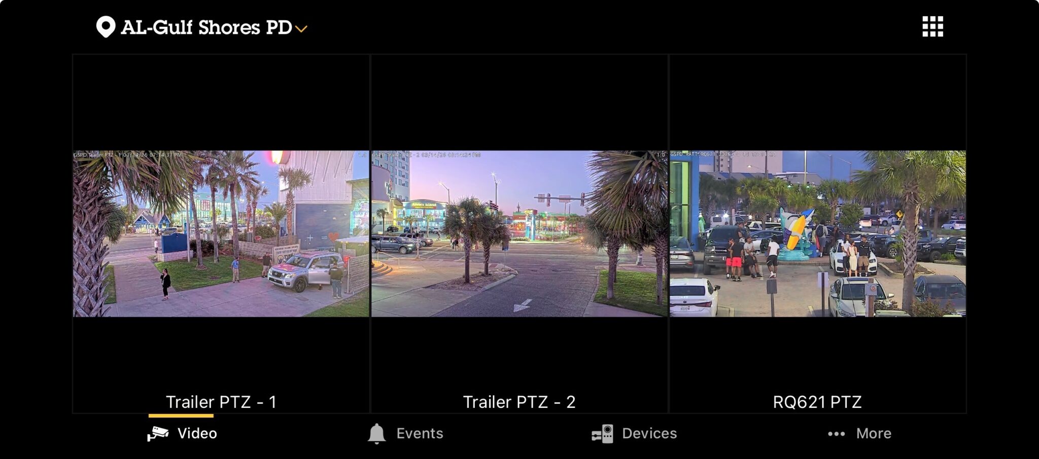 ACS Edge camera app showing Gulf Shores Police FXT-44 dual PTZ cameras and RATT RQ621 PTZ in a single pane of glass
