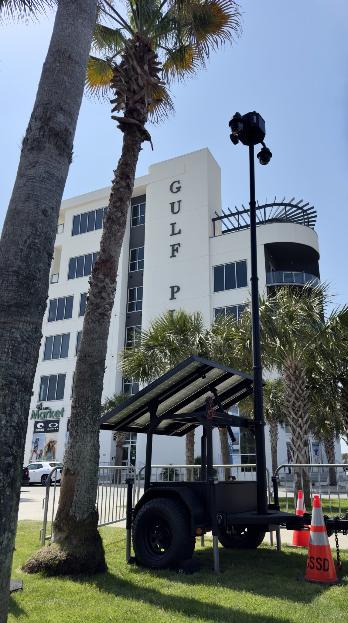 CTS FXT-44 mobile surveillance trailer with solar power and elevated camera mast deployed at Gulf Shores Police Department in Alabama