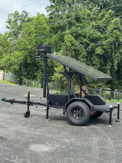 Mobile surveillance trailer with solar panel and pan-tilt-zoom camera